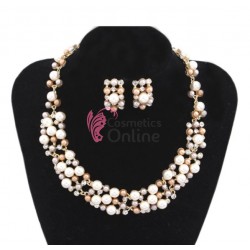 Colier cu cercei AS31B Auriu cu strasuri si perle